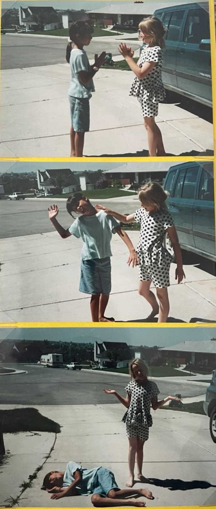 Two kids playing a slapping game in three panels